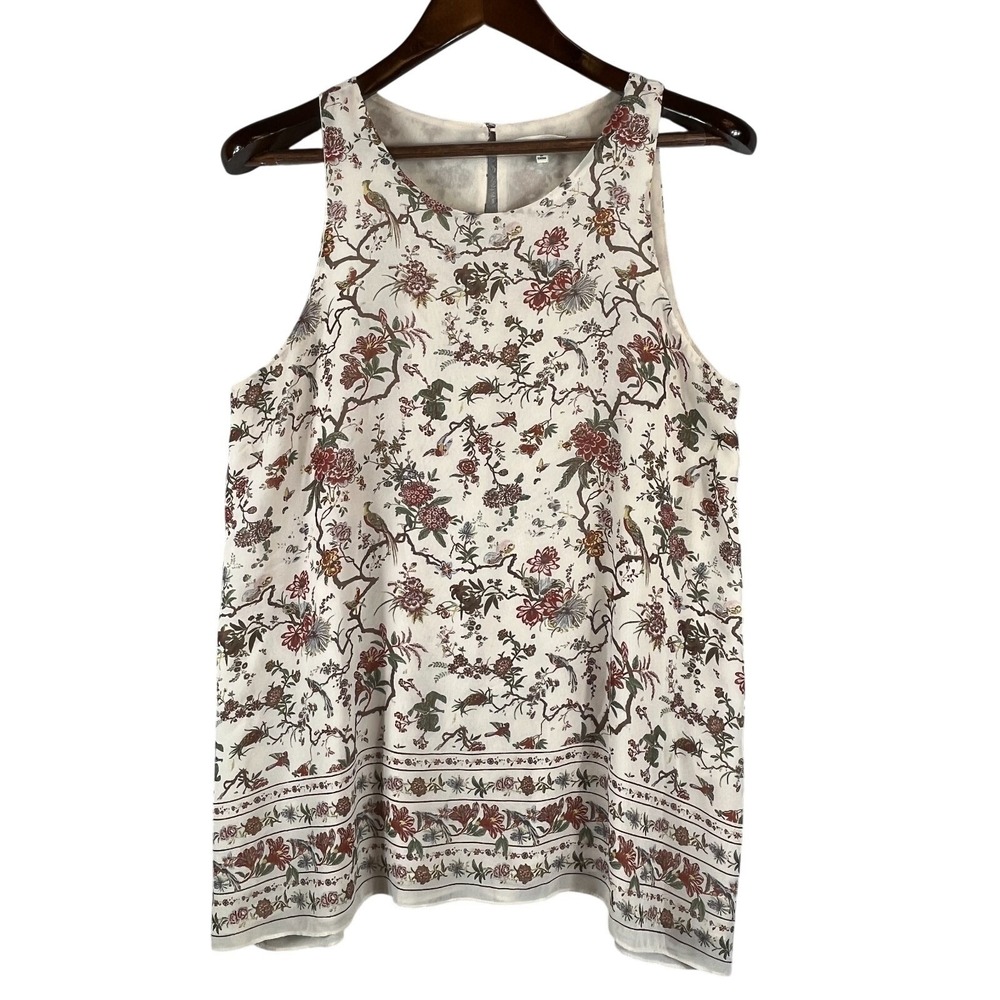 Women L Botanic Birds Floral Tank Top Keyhole Back Lined Beige Boho Cottagecore